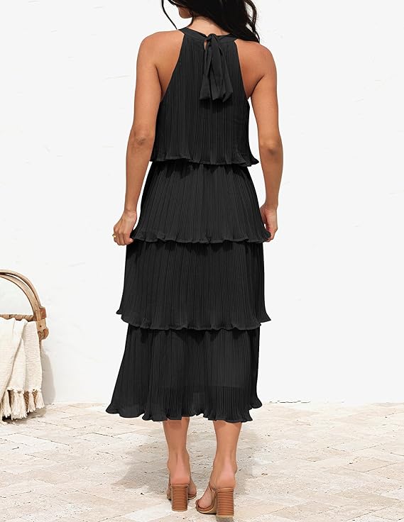 Wendy pleated halter neck tiered midi dress