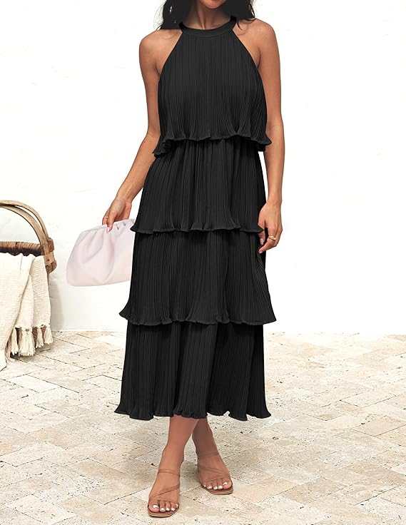 Wendy pleated halter neck tiered midi dress