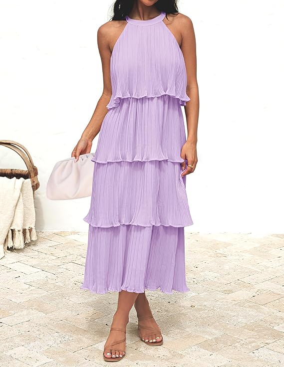 Wendy pleated halter neck tiered midi dress