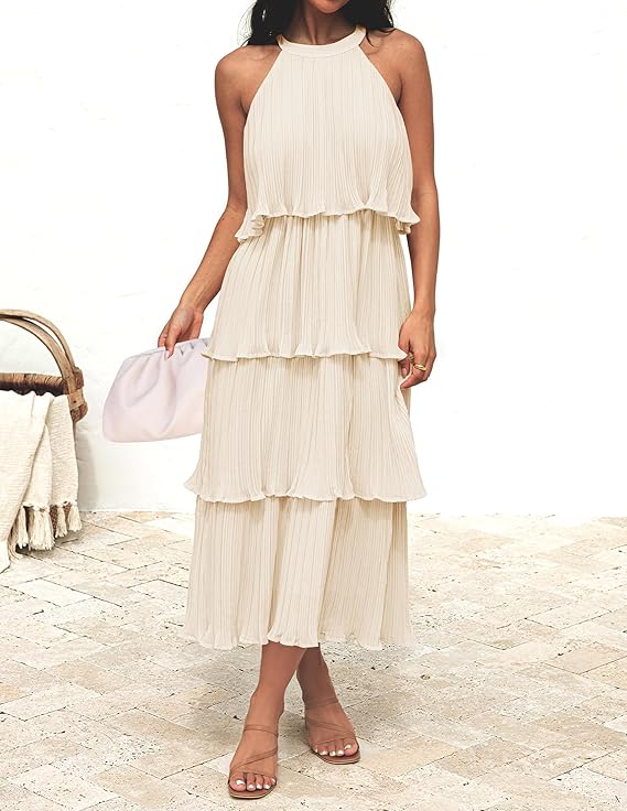 Wendy pleated halter neck tiered midi dress