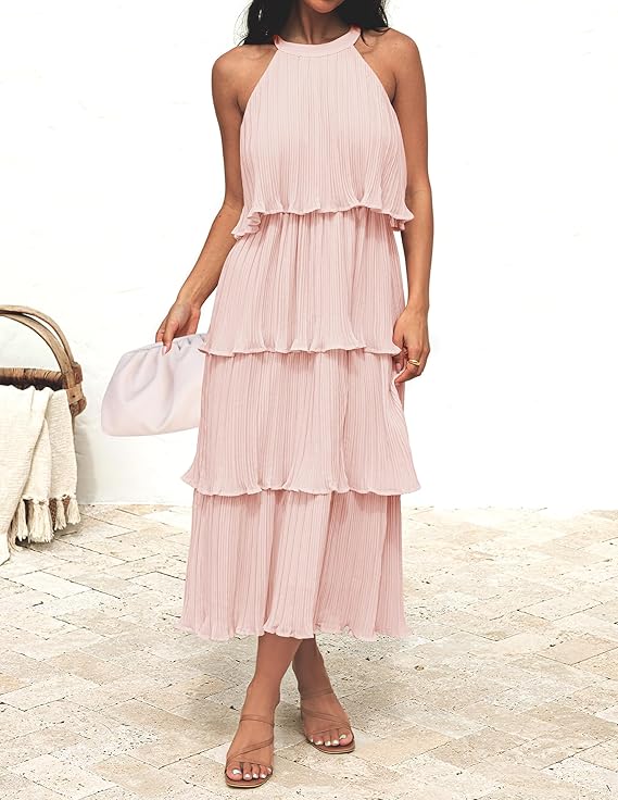 Wendy pleated halter neck tiered midi dress