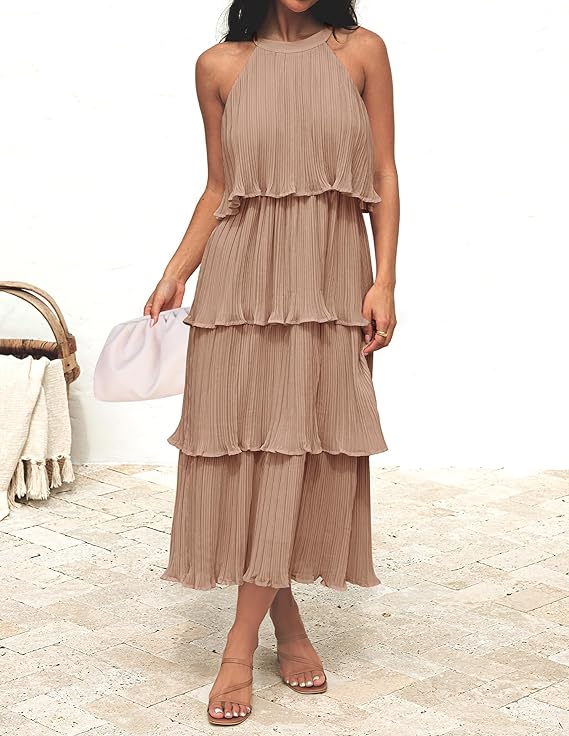 Wendy pleated halter neck tiered midi dress
