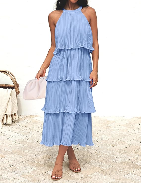 Wendy pleated halter neck tiered midi dress