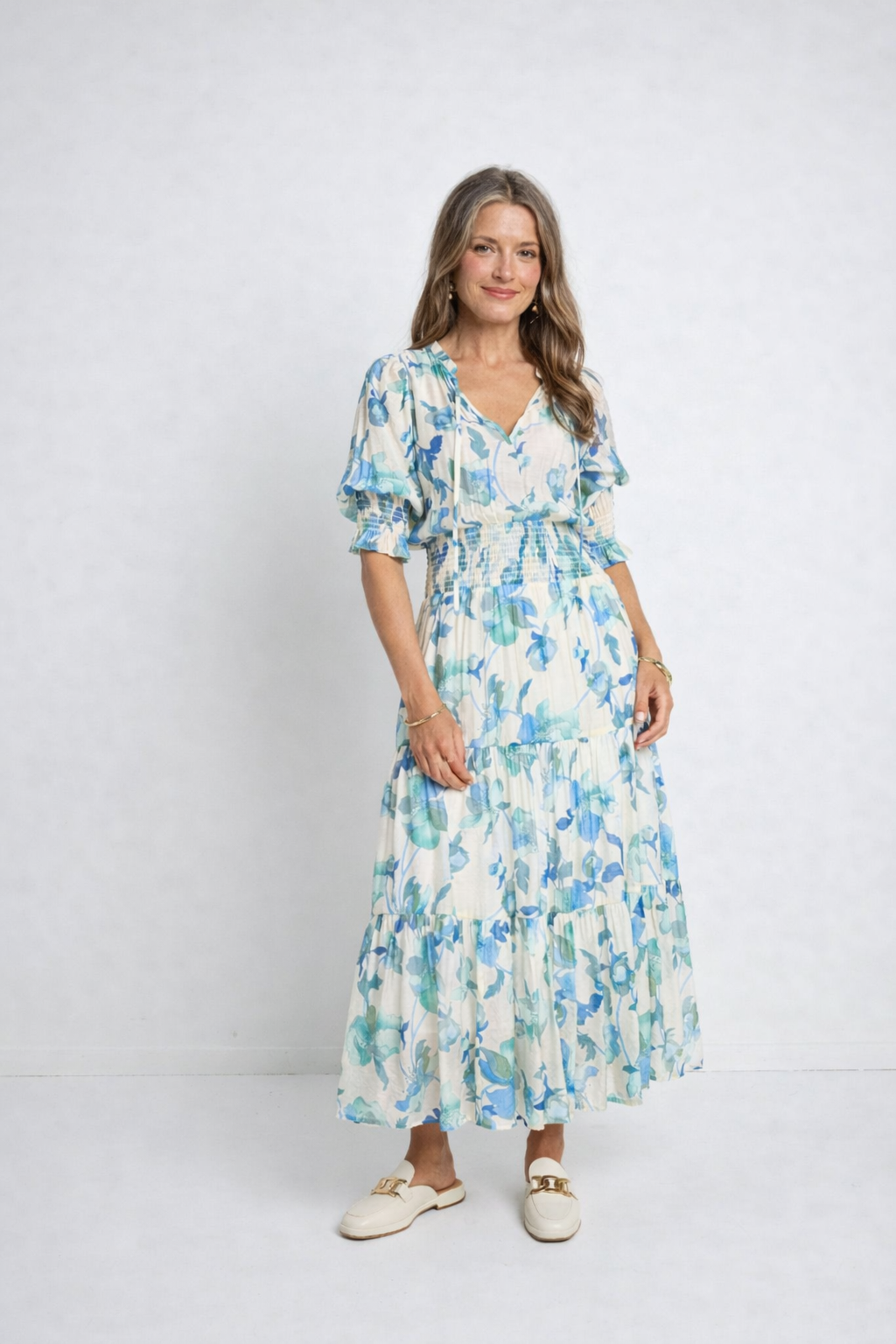 Claire floral midi dress smocked waist puff sleeve