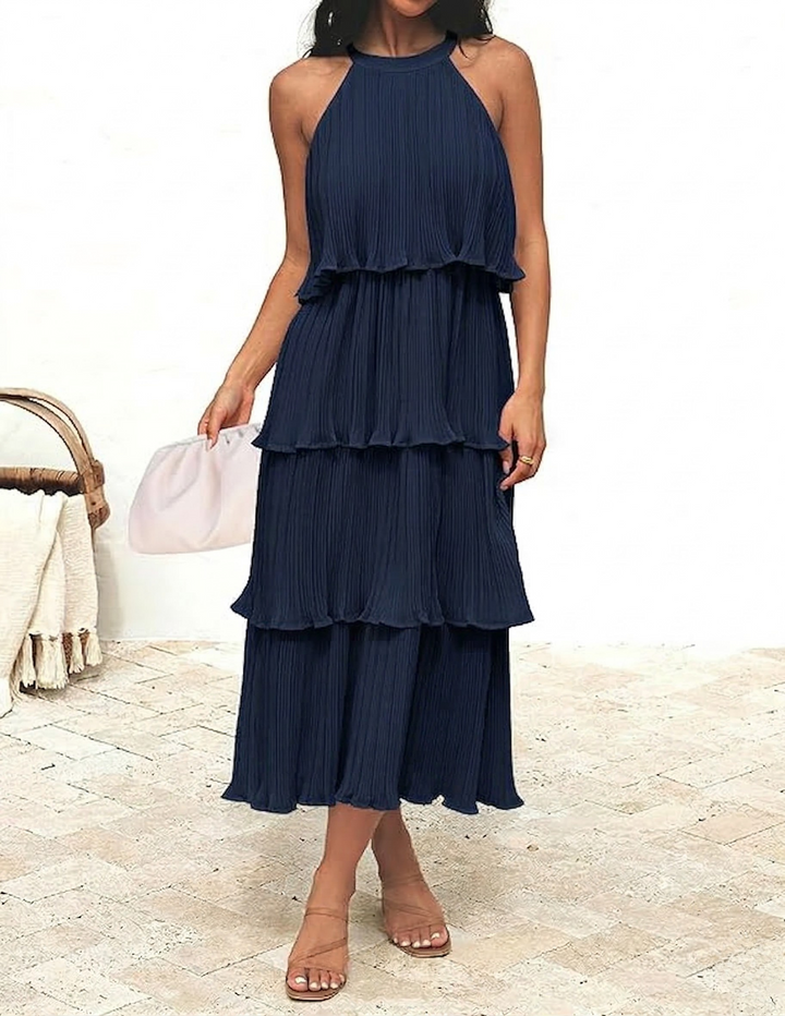 Wendy pleated halter neck tiered midi dress