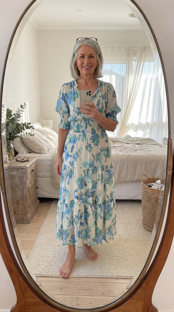 Claire floral midi dress smocked waist puff sleeve
