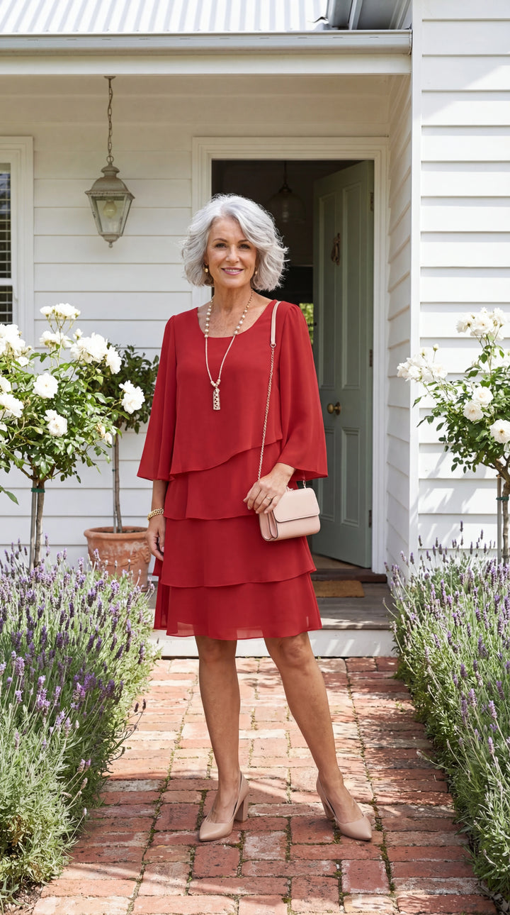 Roslyn layered chiffon dress three quarter sleeve