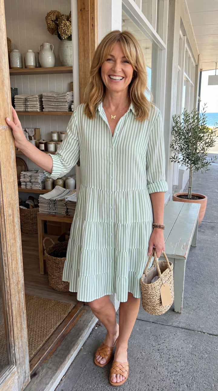 Sandra striped button-front tiered shirt dress