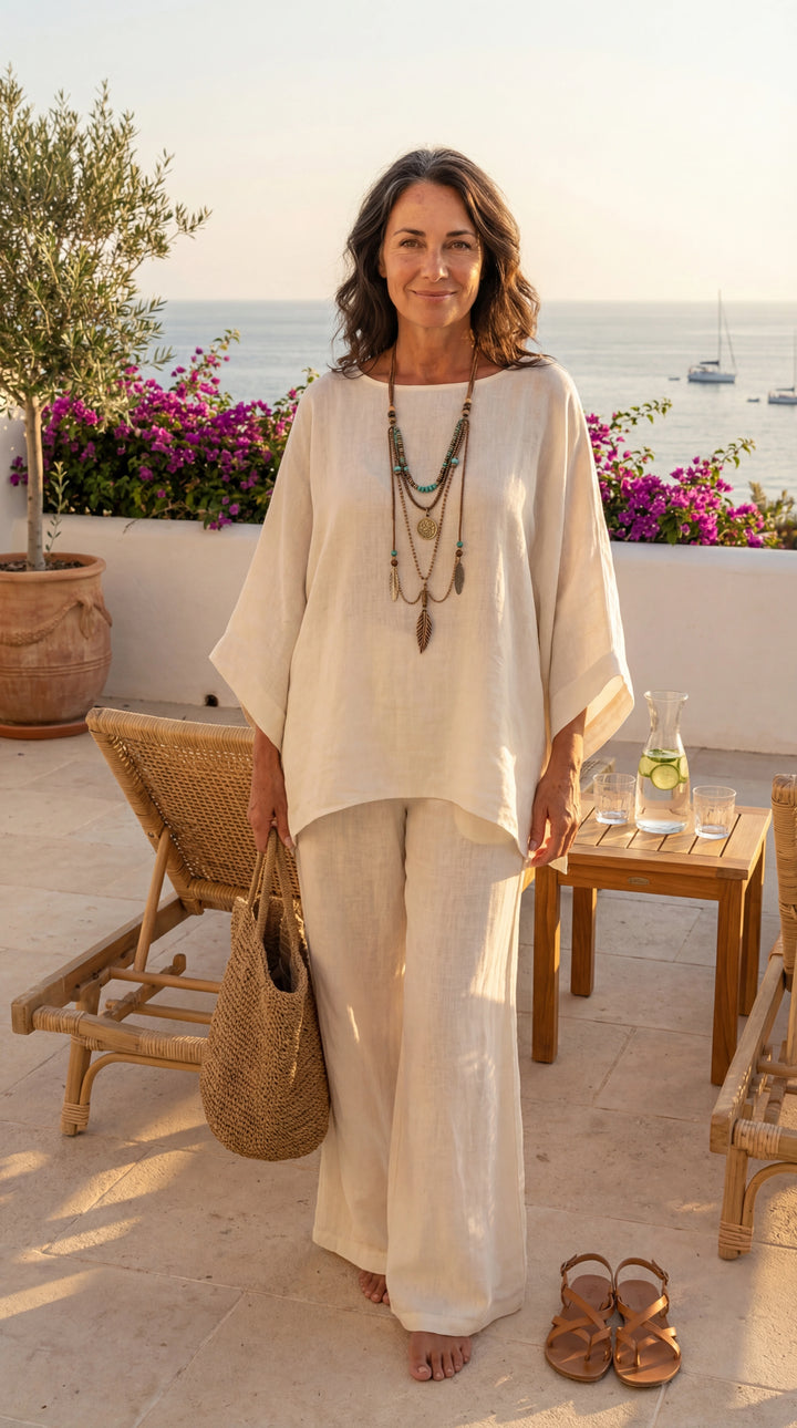 Judith linen batwing top and wide-leg pants set