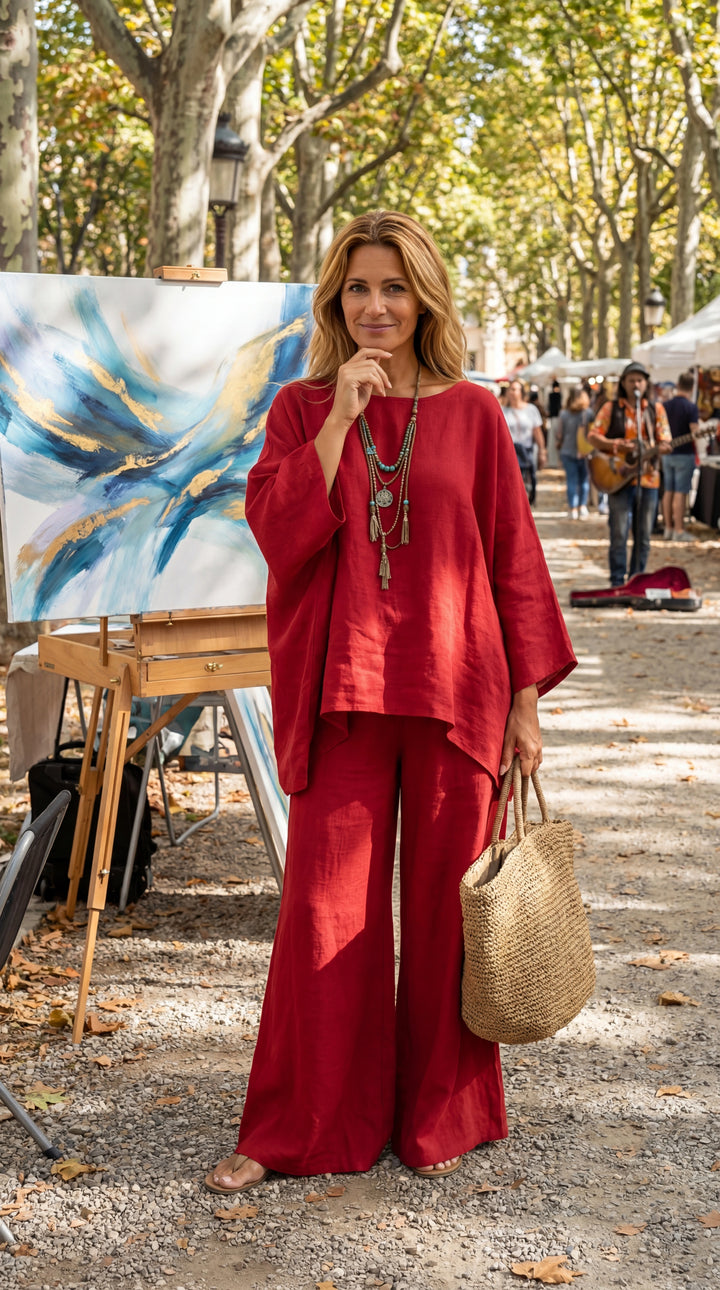 Judith linen batwing top and wide-leg pants set