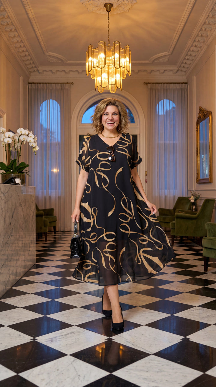 Glenda printed chiffon v-neck swing midi dress